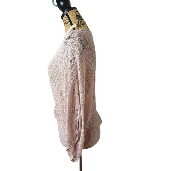 Women's V-Neck Sweater M Open Knit Pink Glitter Draped Short Sleeve Top - Picture 6 of 9